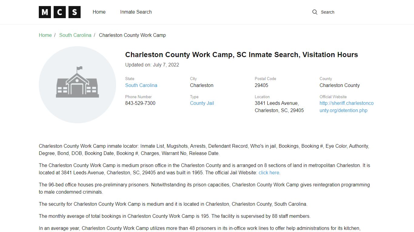 Charleston County, SC Jail Inmates Search, Visitation Rules